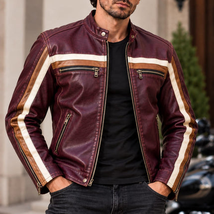 Handmade Men Maroon Leather Striped Zipper Jacket, Biker Jacket For Men (Copy)