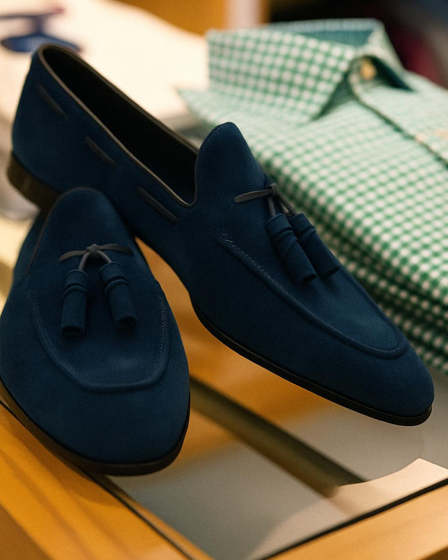 Handmade Men Blue Color Suede Office Moccasins For Mens, Tassels Shoes For Mens