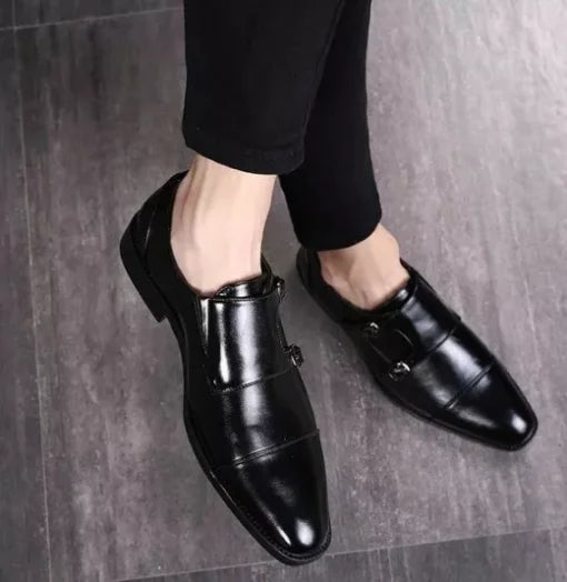 Handmade Men’s Black Round Toe Double Monk Strap Dress Shoes, Real Leather Shoes