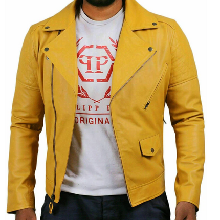 Handmade Men Leather Yellow Biker Jacket, Motorcycle Stylish Coat Jacket
