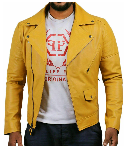 Handmade Men Leather Yellow Biker Jacket, Motorcycle Stylish Coat Jacket