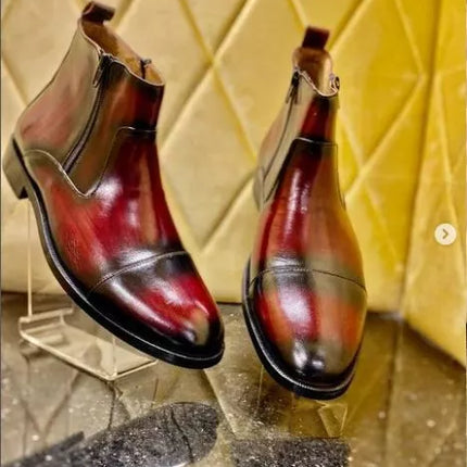New Burgundy Leather Chelsea Handmade Boots with zip closure, Ankle Boots