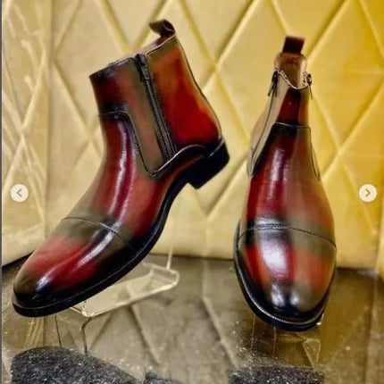 New Burgundy Leather Chelsea Handmade Boots with zip closure, Ankle Boots