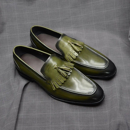 Handmade Men Shaded Green Leather Stylish Fringes Loafers, Tassels Slip On Shoes
