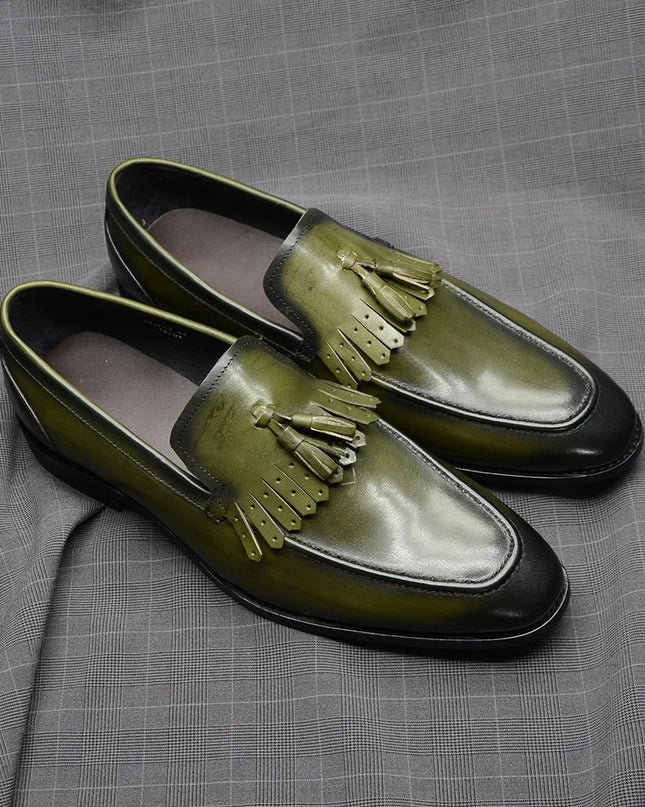 Handmade Men Shaded Green Leather Stylish Fringes Loafers, Tassels Slip On Shoes
