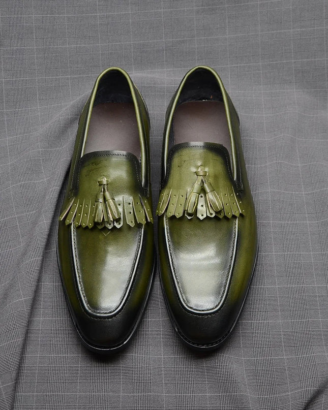 Handmade Men Shaded Green Leather Stylish Fringes Loafers, Tassels Slip On Shoes