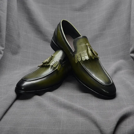 Handmade Men Shaded Green Leather Stylish Fringes Loafers, Tassels Slip On Shoes