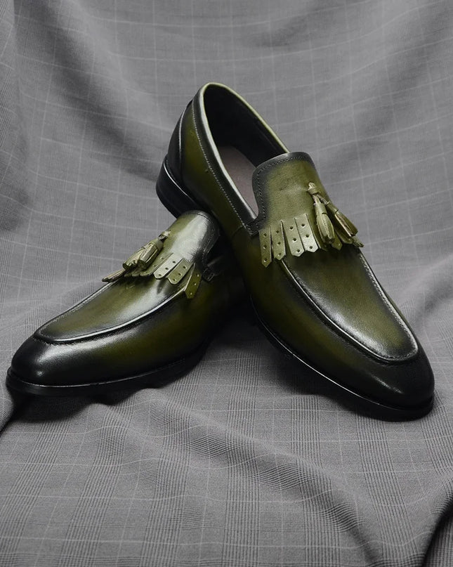 Handmade Men Shaded Green Leather Stylish Fringes Loafers, Tassels Slip On Shoes