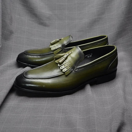 Handmade Men Shaded Green Leather Stylish Fringes Loafers, Tassels Slip On Shoes