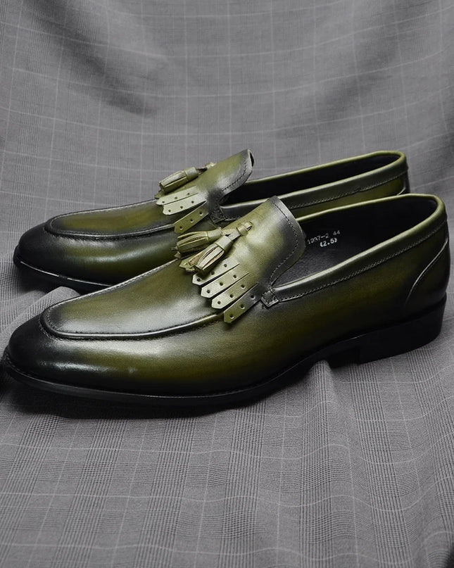 Handmade Men Shaded Green Leather Stylish Fringes Loafers, Tassels Slip On Shoes