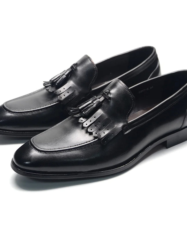 Handmade Men Black Leather Stylish Fringes Loafers, Tassels Slip On Wedding Shoe