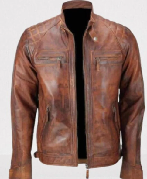 Men’s Handmade Brown Leather Biker Jacket with Shades, Leather Jacket For Men