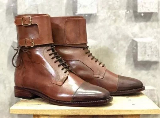 New Handmade Brown Chukka Lace Up High Ankle Monk Strap Boots For Men’s