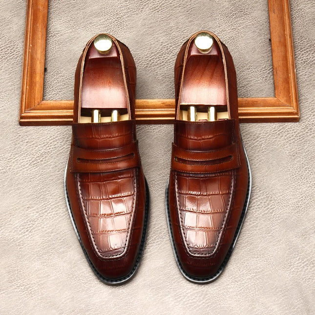 Handmade Men Brown Crocodile Leather Party Moccasins , Slip Ons Dress Shoes
