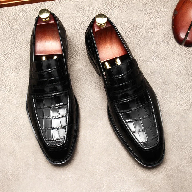 Handmade Men Black Crocodile Leather Party Moccasins , Slip Ons Dress Shoes