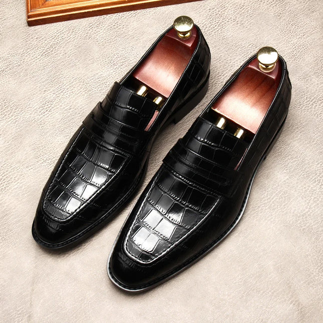Handmade Men Black Crocodile Leather Party Moccasins , Slip Ons Dress Shoes