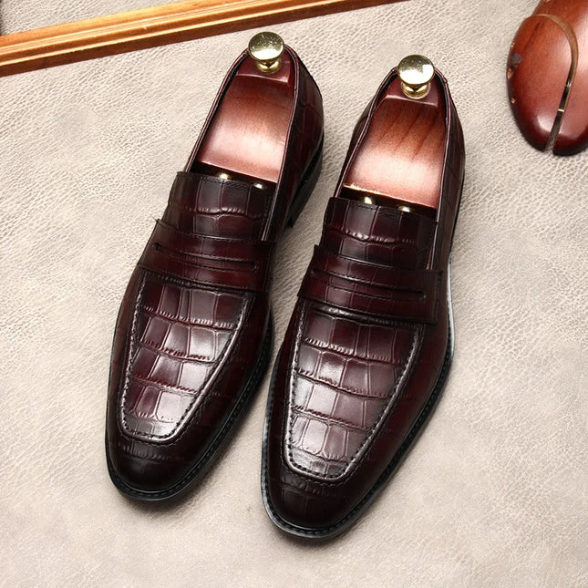 Handmade Men Dark Brown Crocodile Leather Party Moccasins , Slip Ons Dress Shoes