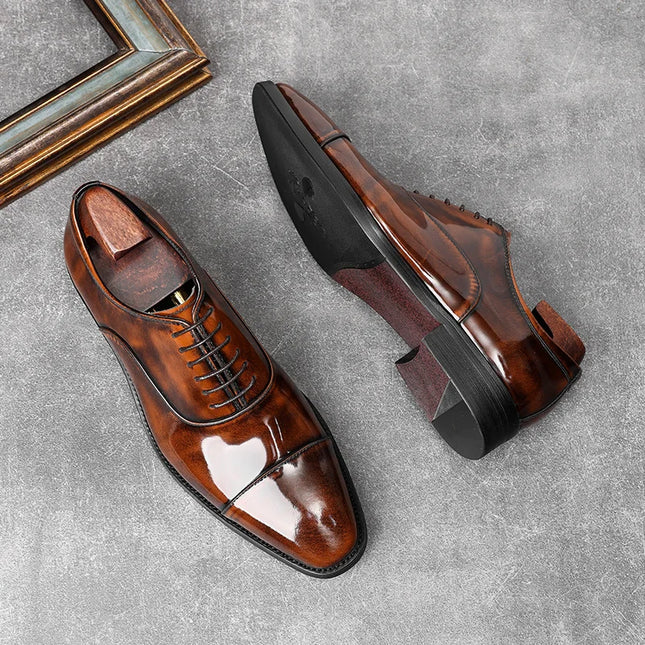 Handmade Men Shaded Brown Patent Leather Lace Up Dress Shoes, Office Shoes