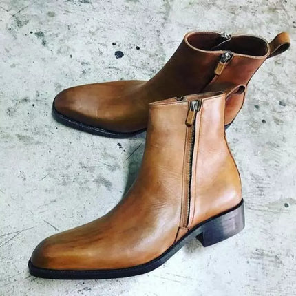 New Handmade Brown Leather Zipper Ankle Boots for Men’s