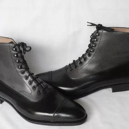 Men Handmade Black and Gray Ankle Biker Brogue Boots with Lace up closure, Boots