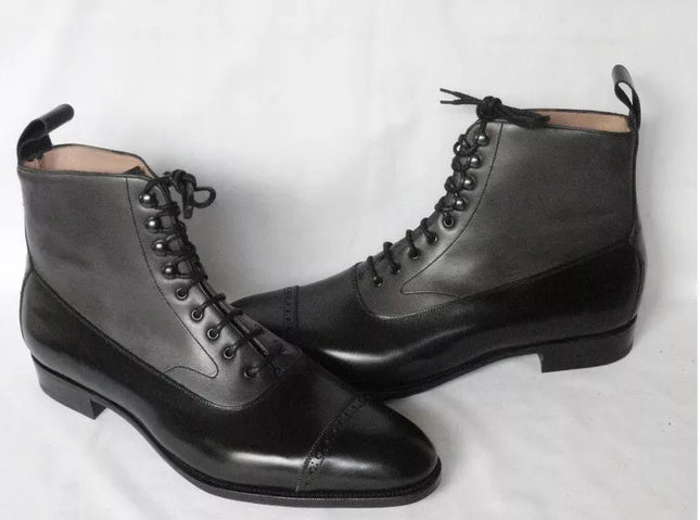 Men Handmade Black and Gray Ankle Biker Brogue Boots with Lace up closure, Boots