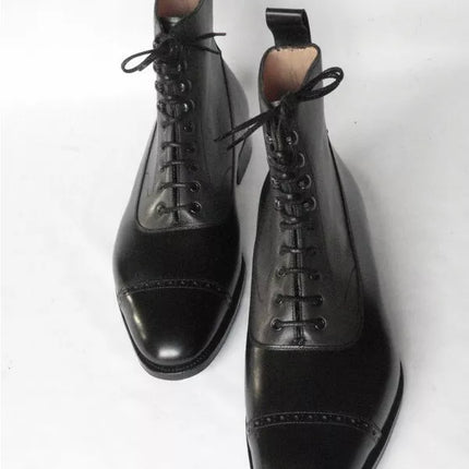 Men Handmade Black and Gray Ankle Biker Brogue Boots with Lace up closure, Boots