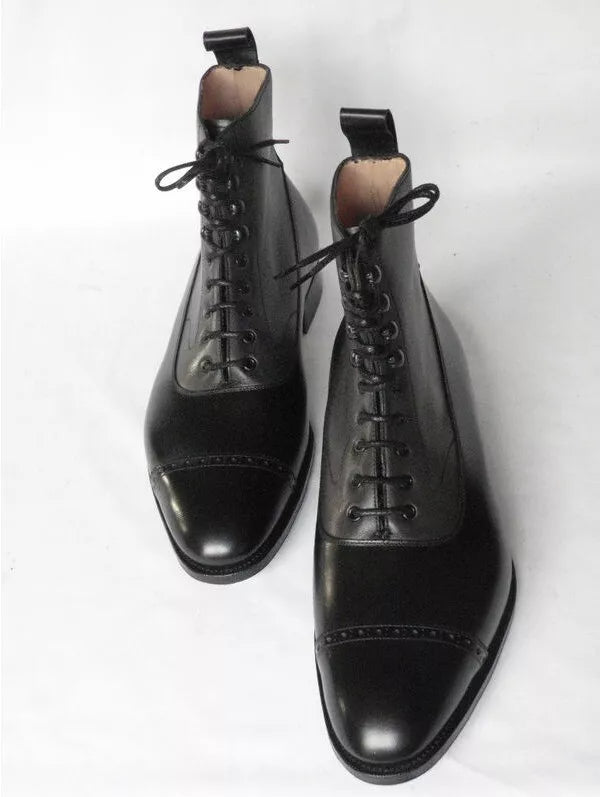 Men Handmade Black and Gray Ankle Biker Brogue Boots with Lace up closure, Boots