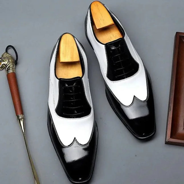 Handmade Stylish Black & White Wing Tip Lace Up Leather Dress Shoes For Mens