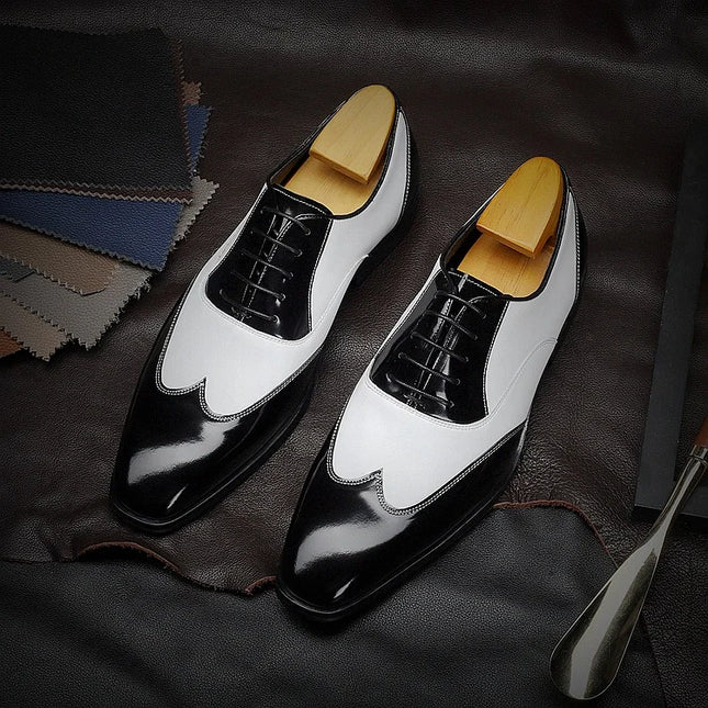 Handmade Stylish Black & White Wing Tip Lace Up Leather Dress Shoes For Mens