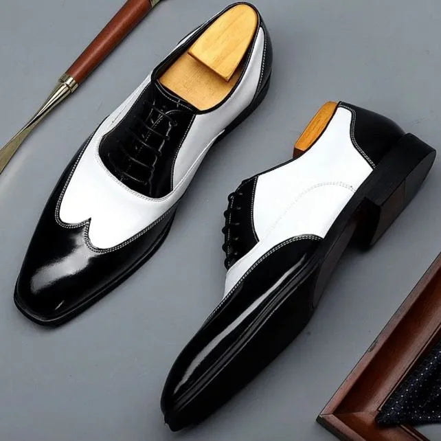 Handmade Stylish Black & White Wing Tip Lace Up Leather Dress Shoes For Mens
