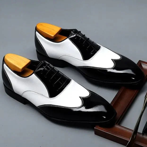 Handmade Stylish Black & White Wing Tip Lace Up Leather Dress Shoes For Mens