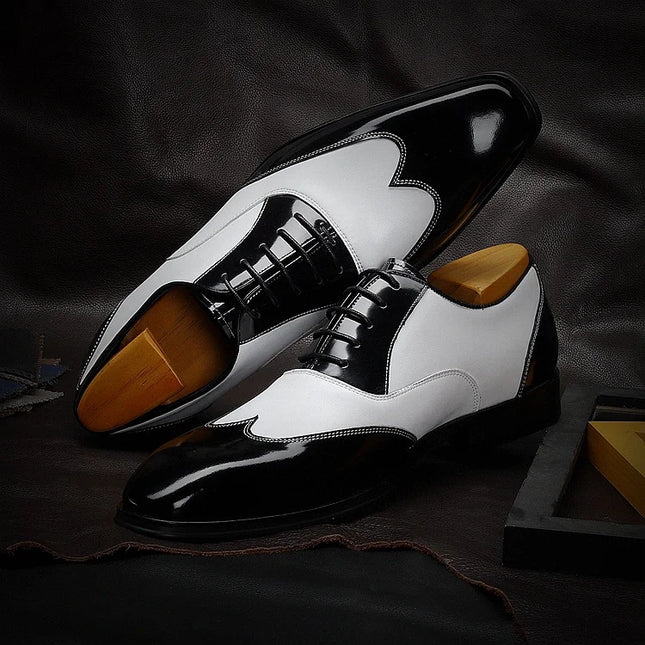 Handmade Stylish Black & White Wing Tip Lace Up Leather Dress Shoes For Mens