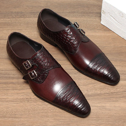 Handmade Men Brown Double Monk Buckle Crocodile Leather Dress, Office Shoes
