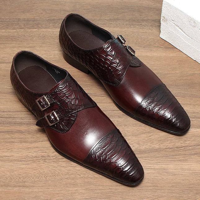 Handmade Men Brown Double Monk Buckle Crocodile Leather Dress, Office Shoes