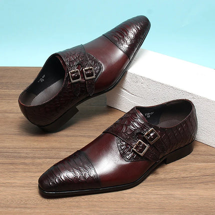 Handmade Men Brown Double Monk Buckle Crocodile Leather Dress, Office Shoes