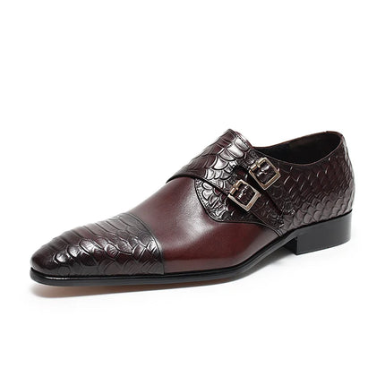 Handmade Men Brown Double Monk Buckle Crocodile Leather Dress, Office Shoes