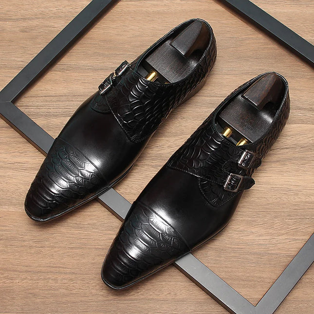 Handmade Men Dark Brown Monk Buckle Crocodile Leather Dress, Office Shoes