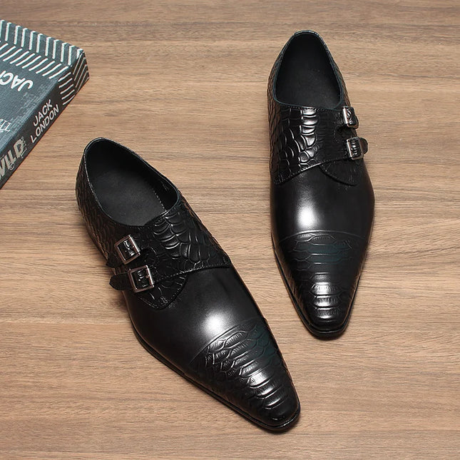Handmade Men Dark Brown Monk Buckle Crocodile Leather Dress, Office Shoes