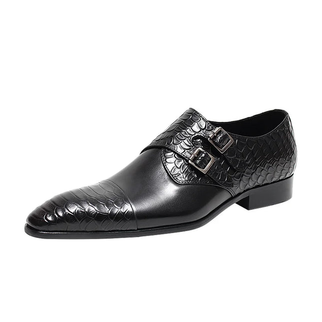 Handmade Men Dark Brown Monk Buckle Crocodile Leather Dress, Office Shoes