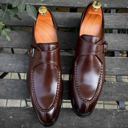 Handmade Men Dark Brown Single Monk Buckle Leather Dress Shoes, Office Shoes