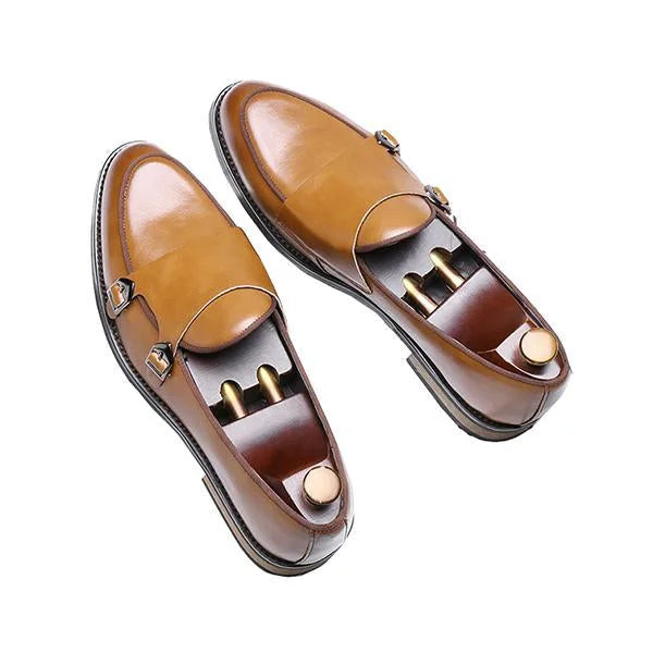 Handmade Men Tan Double Buckle Penny Loafers Leather Dress Slip Ons Shoes