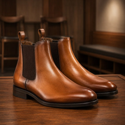 Handmade men burnished brown leather chelsea ankle boots, Office boots for mens