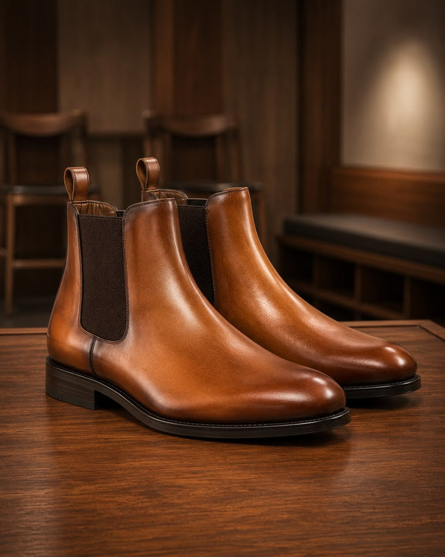 Handmade men burnished brown leather chelsea ankle boots, Office boots for mens