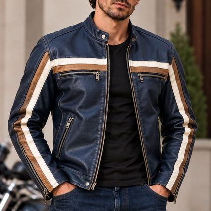 Handmade Men Blue Leather Striped Zipper Jacket, Biker Jacket For Men