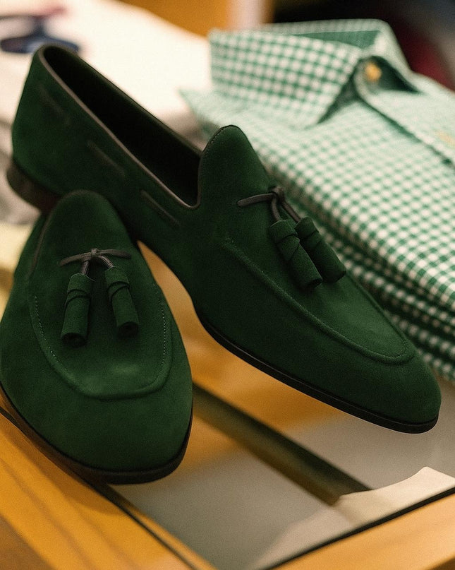 Handmade Men Dark Green Suede Office Moccasins For Mens, Tassels Shoes For Mens