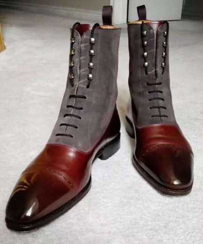 Handmade Mens Two Tone Ankle Boots, Men Lace up Dress Boot, brown and gray boots
