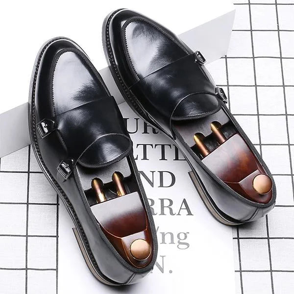 Handmade Men Black Double Buckle Penny Loafers Leather Dress Slip Ons Shoes