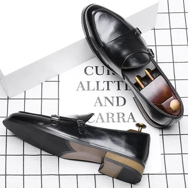 Handmade Men Black Double Buckle Penny Loafers Leather Dress Slip Ons Shoes