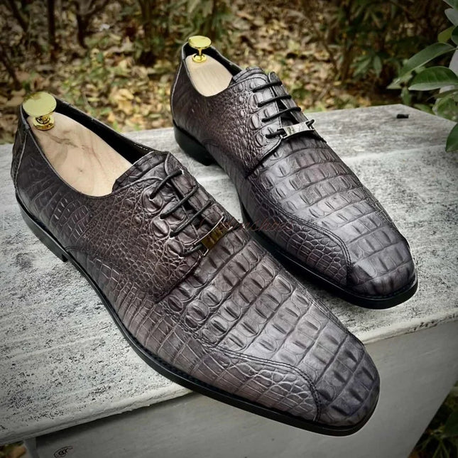 Handmade Men Stylish Gray Alligator Leather Lace Up Dress Shoes, Derby Shoes