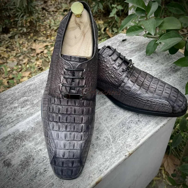 Handmade Men Stylish Gray Alligator Leather Lace Up Dress Shoes, Derby Shoes